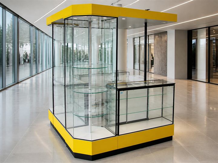 Isla de vitrinas 2×2 con torres de cristal para centro comercial, fabricada por MODEC
